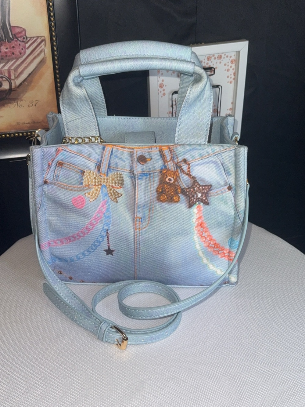Light Blue Denim-Print Women’s Handbag-Missing push teddy bear charm-NWT